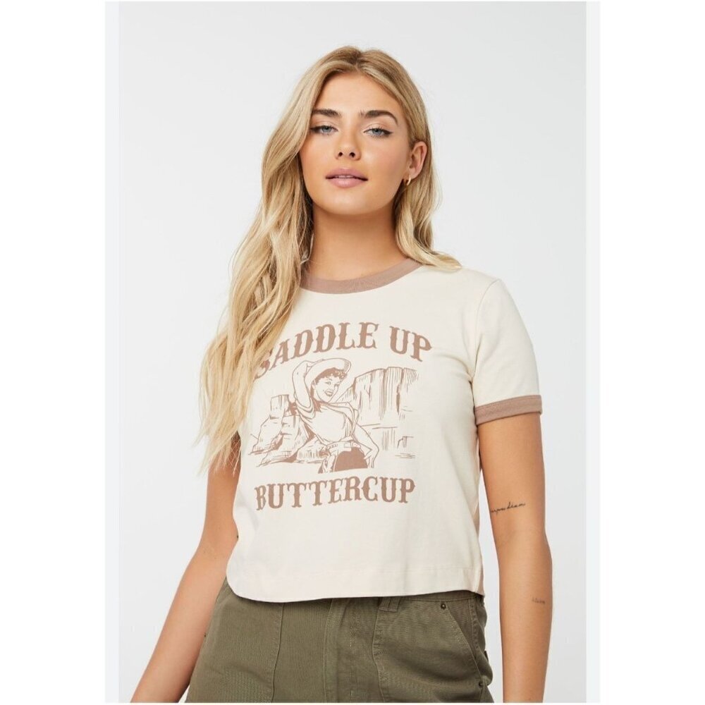 Ardene Saddle Up Buttercup Crop Tee Size M